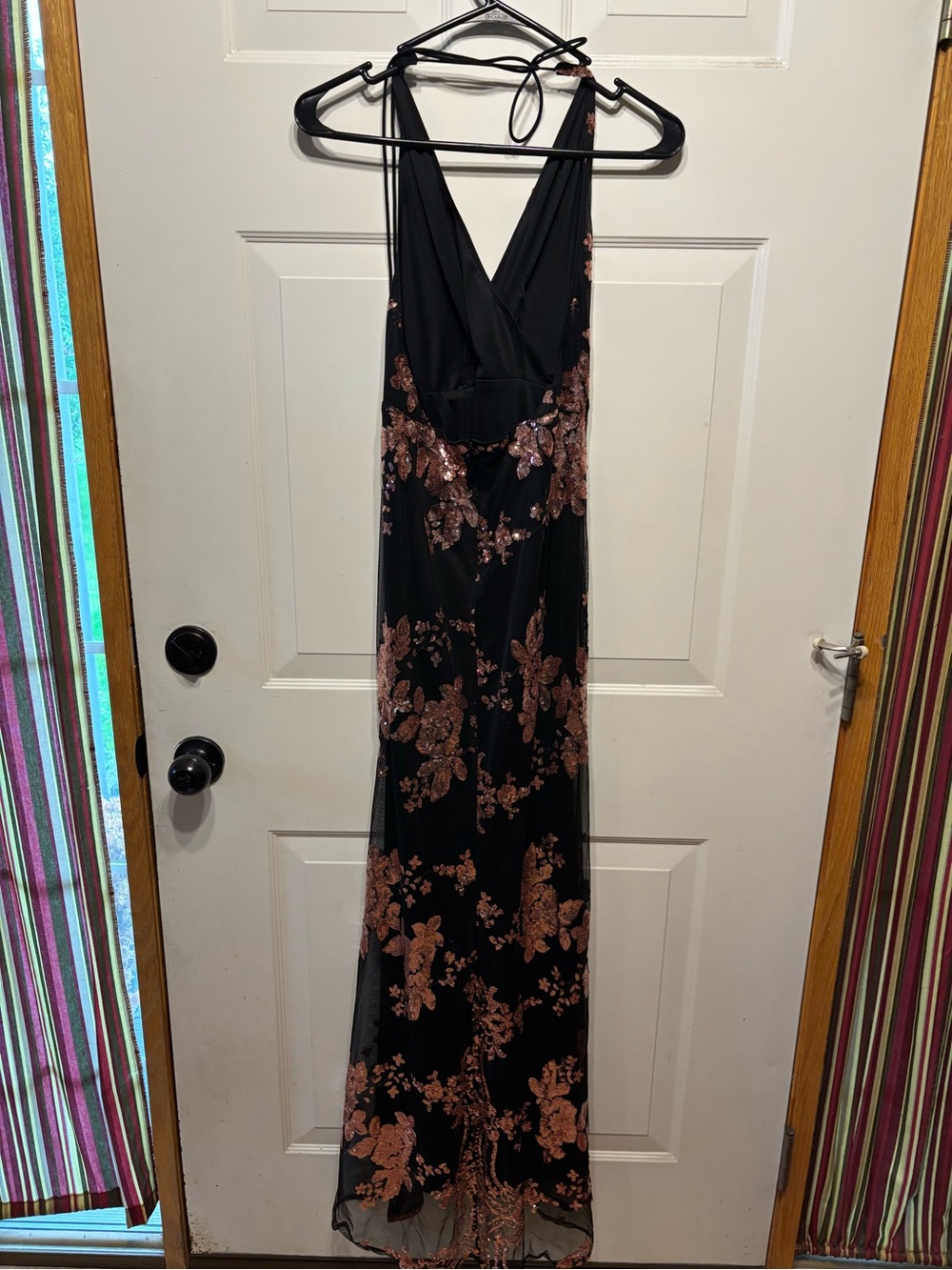 Black Maxi Halter Dress with Rose Gold Sequin Floral Accents High Slit Strappy